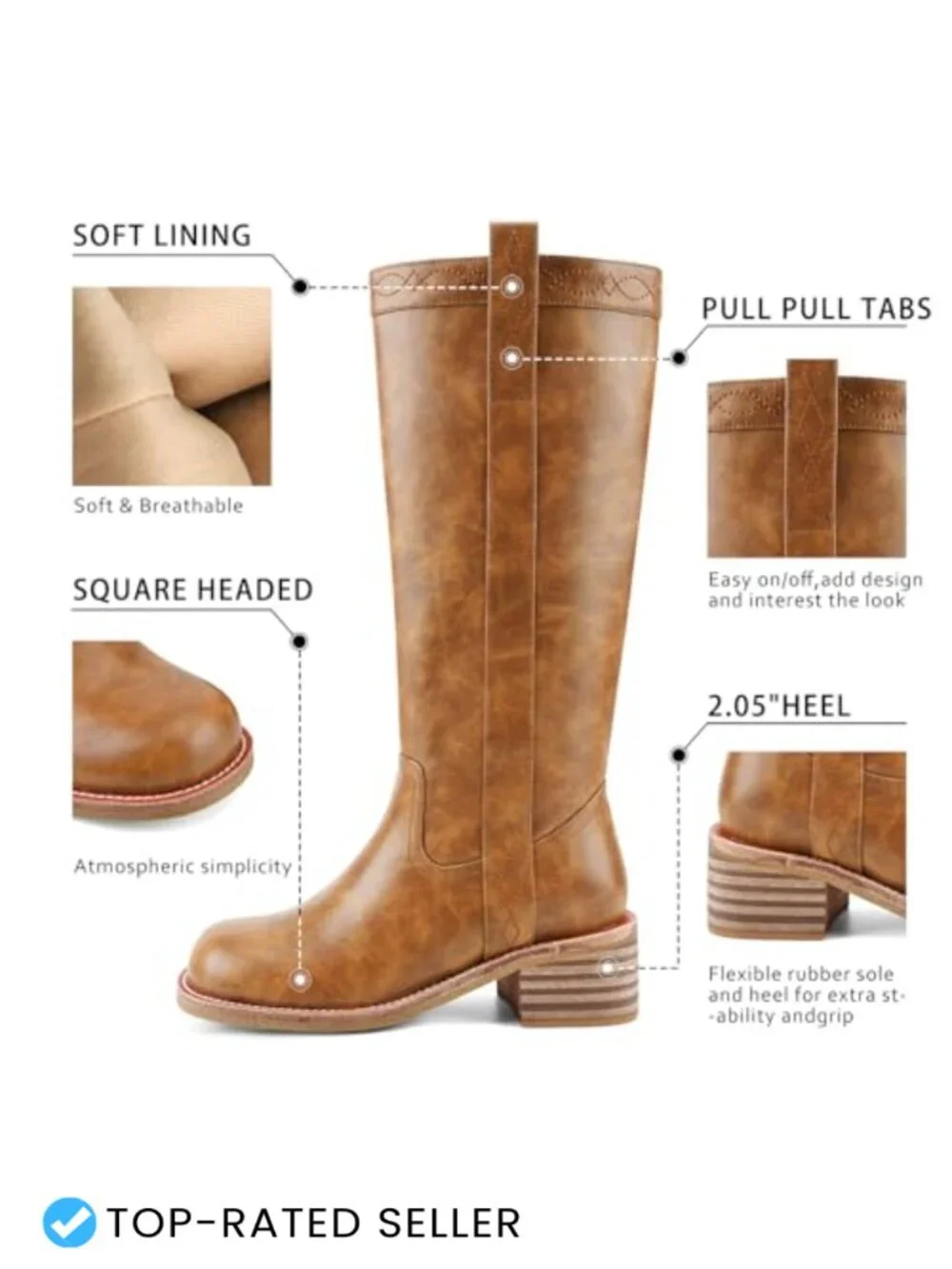 Women's Knee High Boots Chunky Block Heel Square Toe Faux Leather Wide Calf